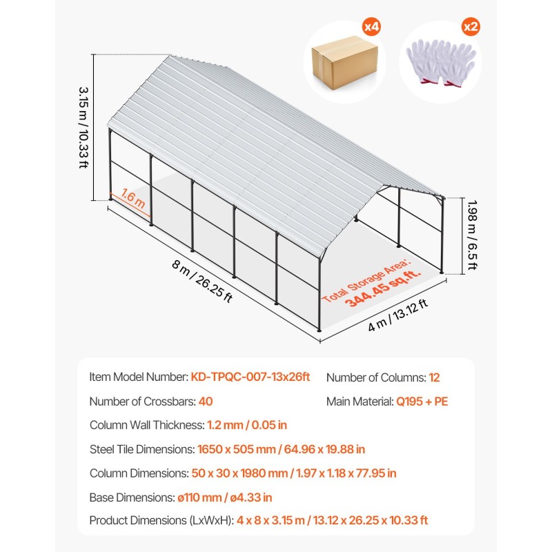Metallinen autokatos galvanoidusta teräksestä 4x8x3,15m irrotettavilla sivuseinillä
