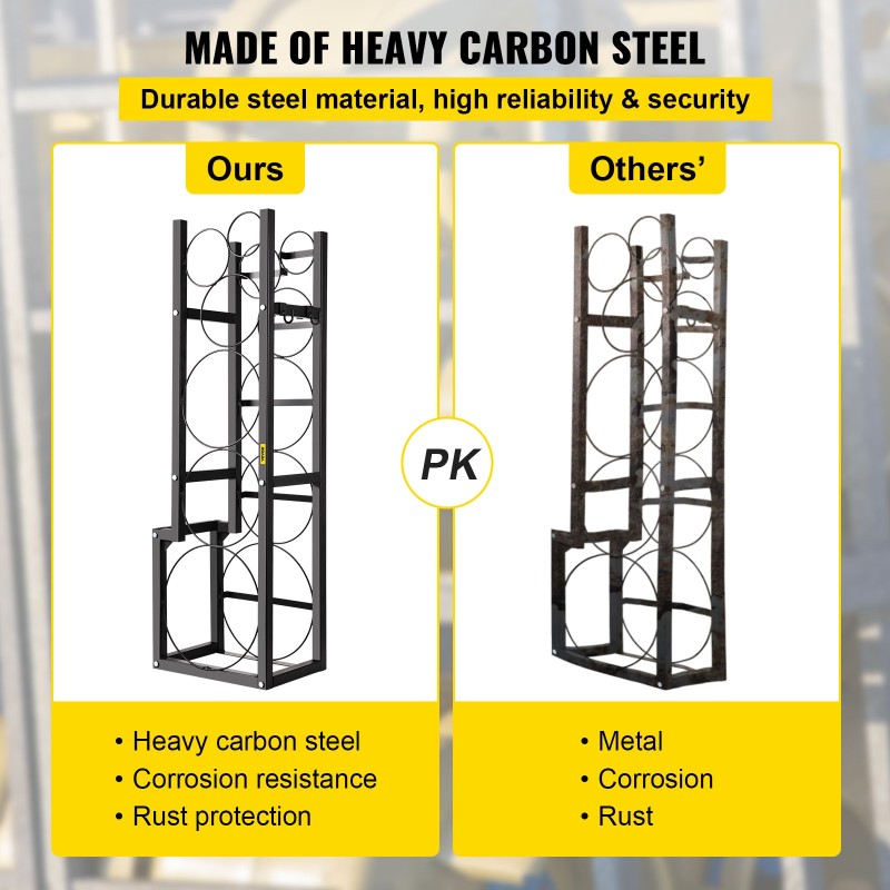 Hiiliteräs kylmäainepulloteline 6-paikkainen 48x12x15 tuumaa kaasu- ja typpisylintereille