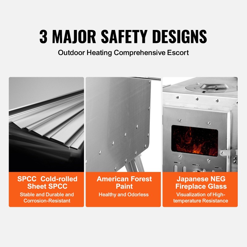 Puukamiina seosterästä 49,2 l palotilalla kannettava telttoihin ja ulkokäyttöön 8 savupiippuosiolla
