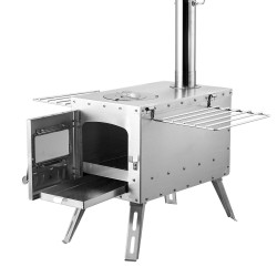 Puukamiina seosterästä 49,2 l palotilalla kannettava telttoihin ja ulkokäyttöön 8 savupiippuosiolla