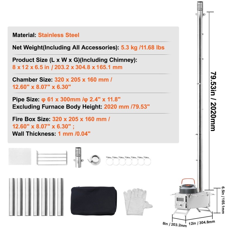 Puukamiina ruostumatonta terästä 203 cm korkea 8 piippua 11471 cm³ tulipesä telttakäyttöön
