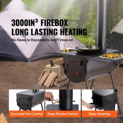 Kannettava seosteräksinen puukiuas telttakäyttöön 49 l tulipesä 8 savupiippuosaa