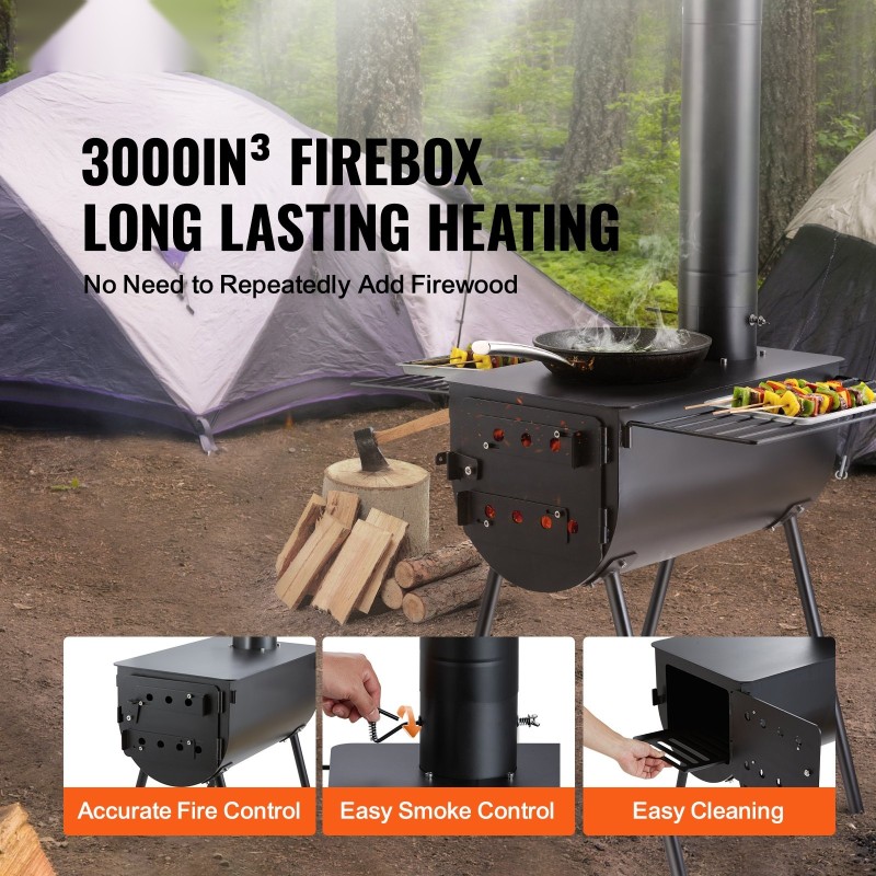 Kannettava seosteräksinen puukiuas telttakäyttöön 49 l tulipesä 8 savupiippuosaa