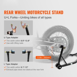 Moottoripyörän takatukijalka teräksinen 390 kg säädettävä leveys U- ja L-tyyppiset haarukat