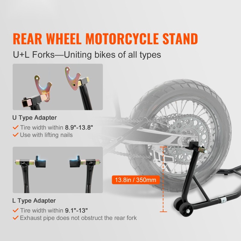 Moottoripyörän takatukijalka teräksinen 390 kg säädettävä leveys U- ja L-tyyppiset haarukat