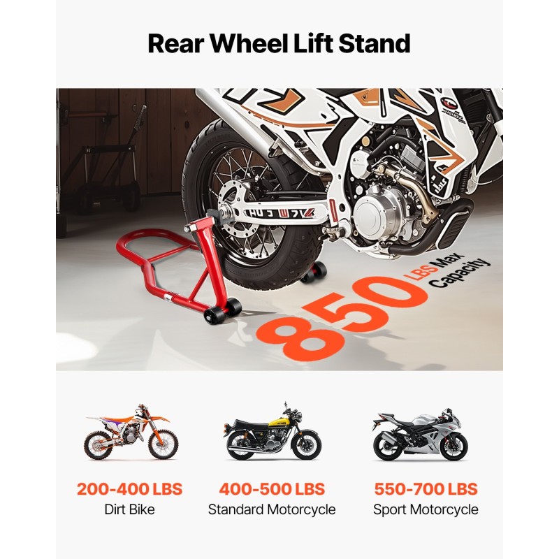 Moottoripyörän takapyöräteline teräs 850 paunan kantavuus kompaktit mitat punainen