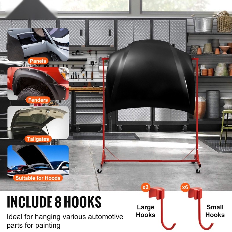 Maalausteline teräsrunkoinen säädettävä 1,52–2,13 metriä 30 kilogramman kantavuus 8 koukkua auton osille