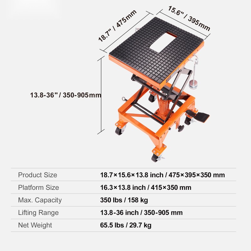 Hydraulinen moottoripyöränostin 158 kg nostokapasiteetti 350–905 mm alustan koko 415×350 mm