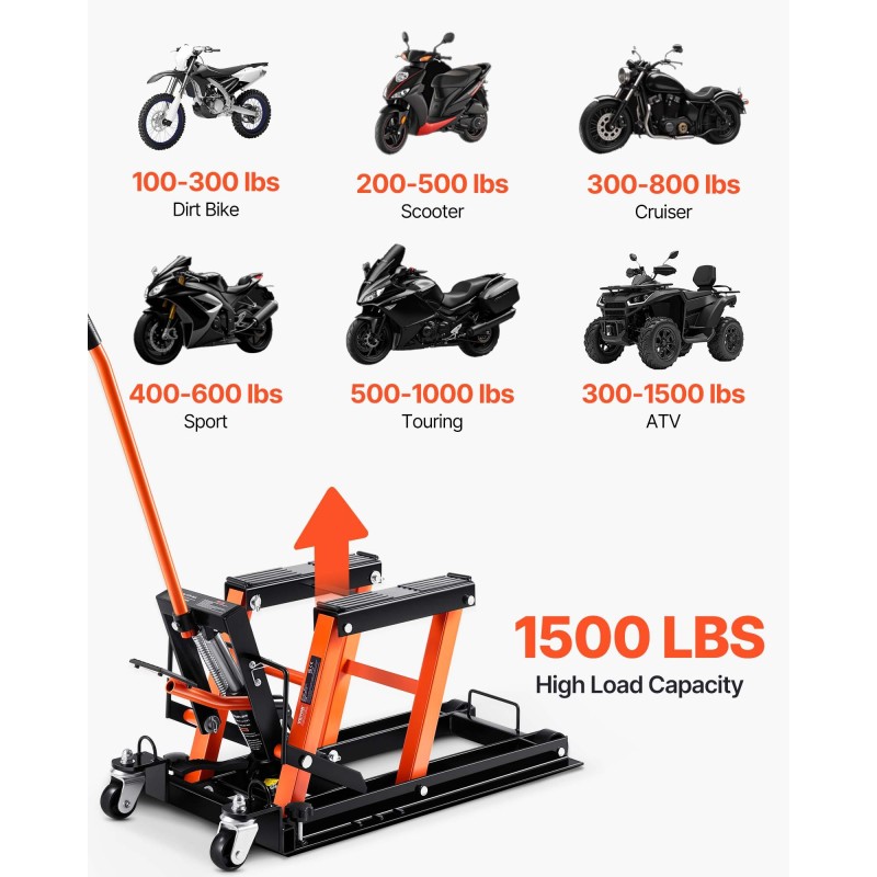 Hydraulinen moottoripyöränostin 0,7 tonnia 120–385 millimetriä nostokorkeus 360 asteen pyörillä