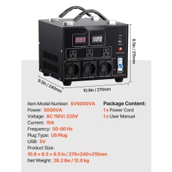 Jännitemuunnin 5000VA kaksisuuntainen 110V 220V metallikotelo 3 amerikkalaista 3 Schuko USB Type-C