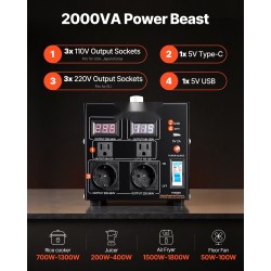 Jännitemuunnin 2000VA kaksisuuntainen 110V ja 220V 6 lähtöä metallikotelo