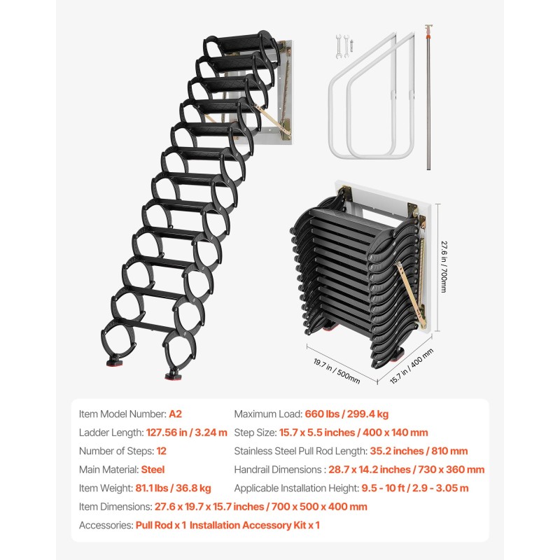 Seinään asennettava terästaittotikas 12 askelmaa käsijohteilla 2,9–3,05 m 299,4 kg
