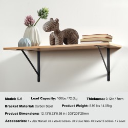 Hyllykannattimet hiiliterästä 308x209x25mm 3mm 10 kpl mattamusta kantavuus 72,6kg