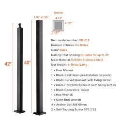 Reiätön kaidepylväs esiporattu jalusta SUS304 ruostumaton teräs 106,7 cm musta