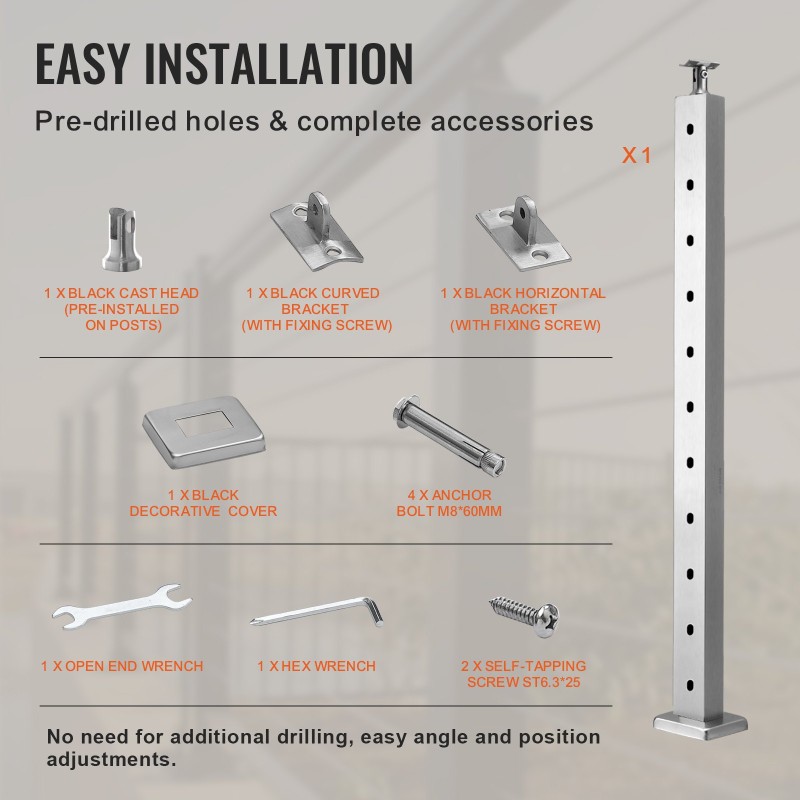 Kaidepylväs SUS304-ruostumaton teräs 36 tuumaa 1 x 2 tuumaa 10 esiporattua reikää