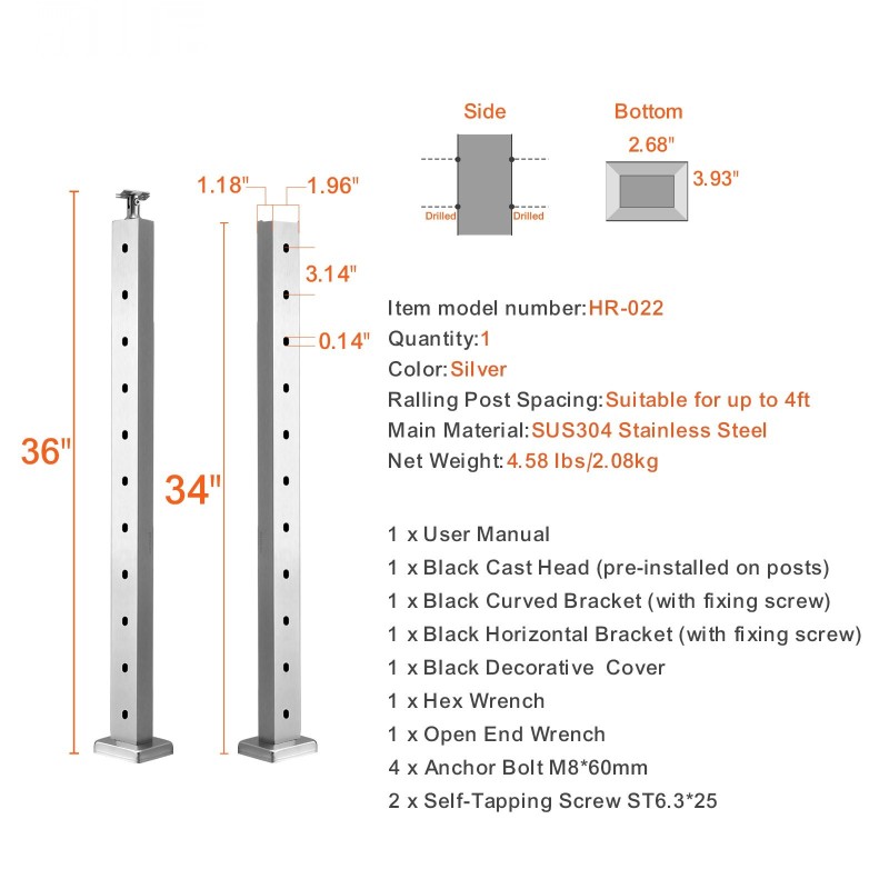 Kaidepylväs SUS304-ruostumaton teräs 36 tuumaa 1 x 2 tuumaa 10 esiporattua reikää