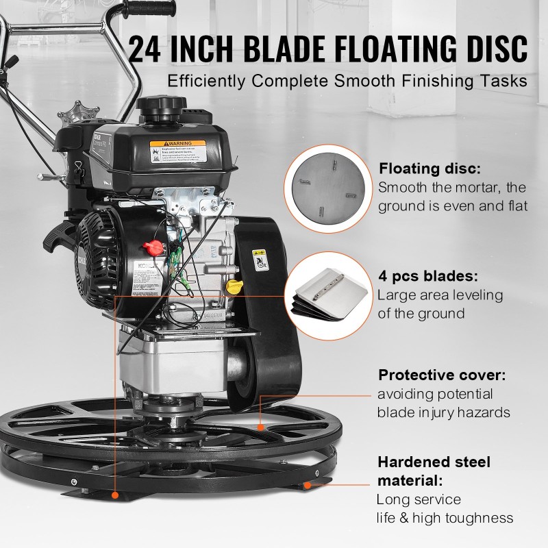 Käveltävä betoninjyrsin teräsrunkoinen 610 mm kellutuslautasella 6 hv bensiinimoottorilla