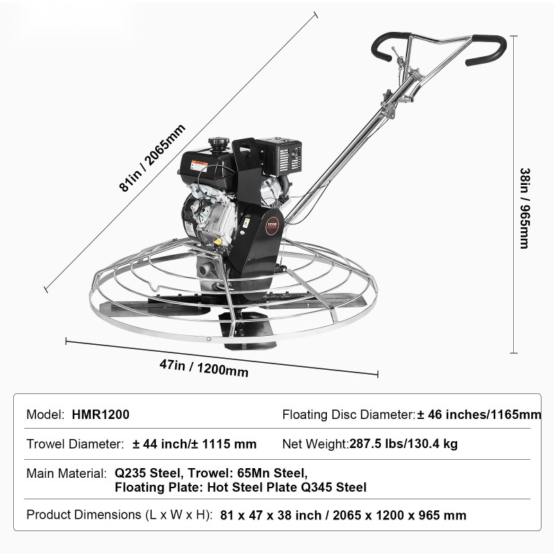 Betonin tasoituskone 46-tuumaisella kellutuslautasella 14 hv bensiinimoottorilla teräsrunkoinen