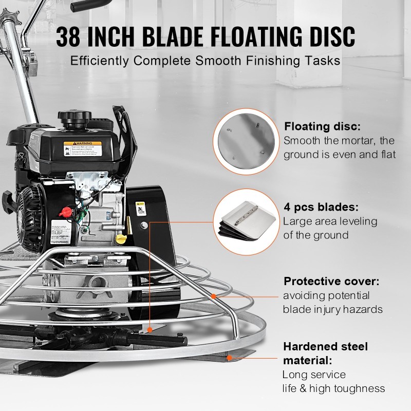 Käveltävä betonin tasoituskone 38 tuuman kelluntalevy 6 hevosvoiman bensiinimoottori teräslaikka