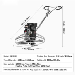 Käveltävä betonin tasoituskone 38 tuuman kelluntalevy 6 hevosvoiman bensiinimoottori teräslaikka