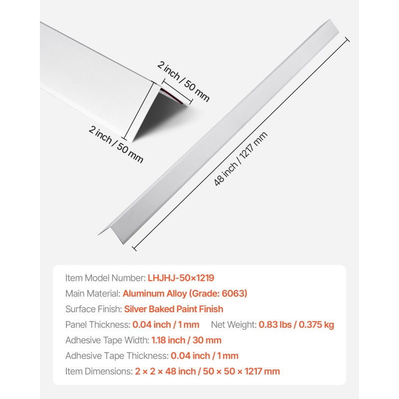 Alumiiniseos seinän kulmasuoja L-mallinen 90 asteen 50x50x1217mm 12 kpl 3M-teippi