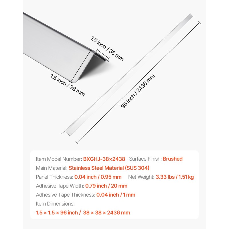 Seinän kulmasuoja 304-ruostumatonta terästä 38x38x2436mm 10 kpl 3M-teipillä