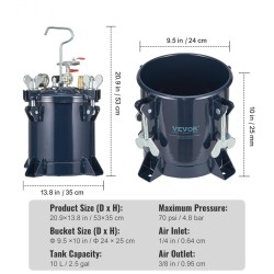 Paineellinen maalisäiliö metalliteräs 10 l kaksoisventtiilit säädettävä paine 4,8 bar