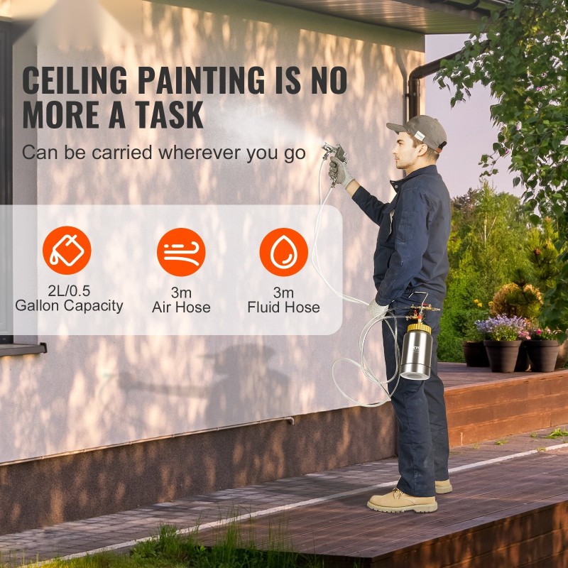 Paineellinen maalisäiliö 2 l ruosteenkestävä teräs 1,8 mm suutin 3 m letku