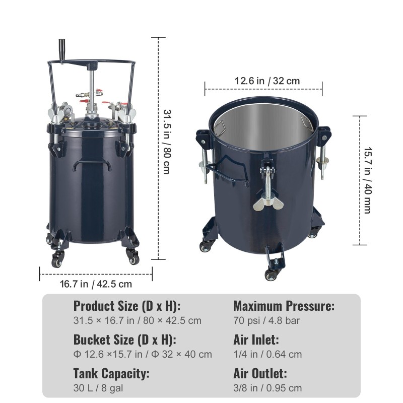 Paineastia maaliruiskulle 30 L terässäiliö manuaalinen sekoitin maksimipaine 4,8 bar