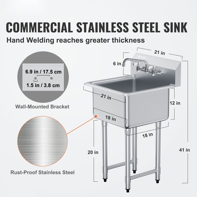 Ruostumaton yksialtaainen vapaasti seisova teräsallas 533 x 457 x 1041 mm säädettävät jalat ja hana