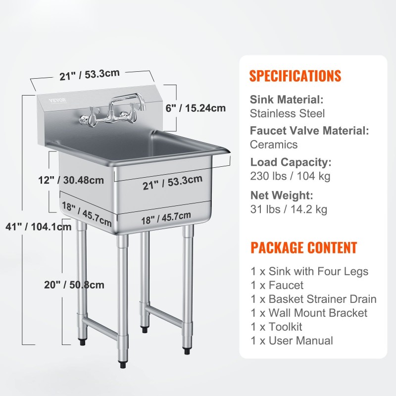 Ruostumaton yksialtaainen vapaasti seisova teräsallas 533 x 457 x 1041 mm säädettävät jalat ja hana