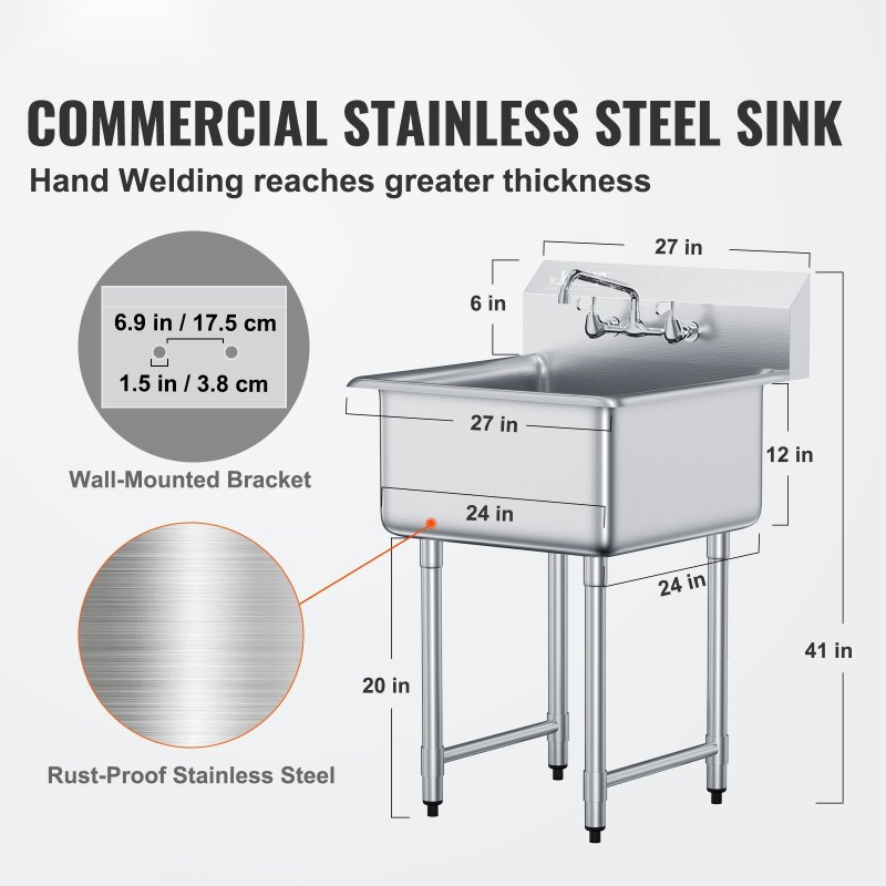 Ruostumattomasta teräksestä valmistettu yksialtaallinen apuallas 686x610x1041 mm hana ja säädettävät jalat