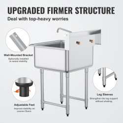 Ruostumattomasta teräksestä valmistettu yksialtaallinen apuallas 686x610x1041 mm hana ja säädettävät jalat