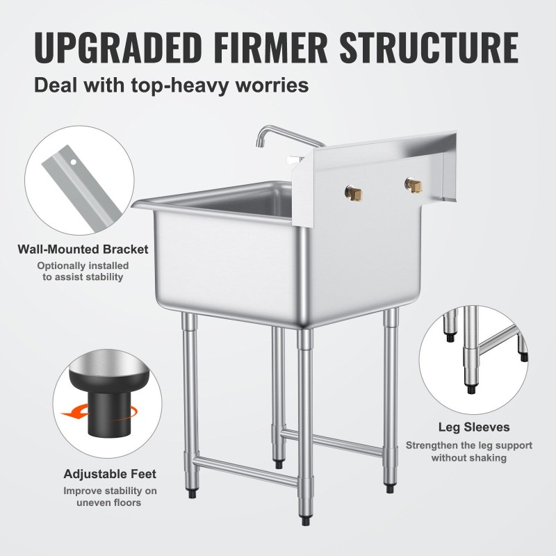 Ruostumattomasta teräksestä valmistettu yksialtaallinen apuallas 686x610x1041 mm hana ja säädettävät jalat