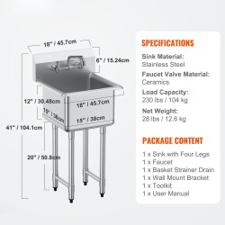 Ruostumaton teräs yksialtainen allas 45,7×104,1 cm sisältää hana ja jalat NSF-sertifioitu