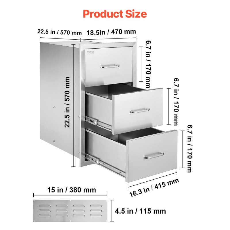 Ulkokeittiön upotettava 3-laatikkoinen ruostumaton teräslaatikosto 470×570×570 mm