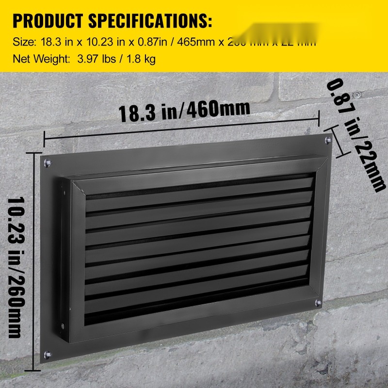 Ryömintätilan tulvaventtiili sinkkipinnoitettua terästä 406 x 203 mm seinään asennettava