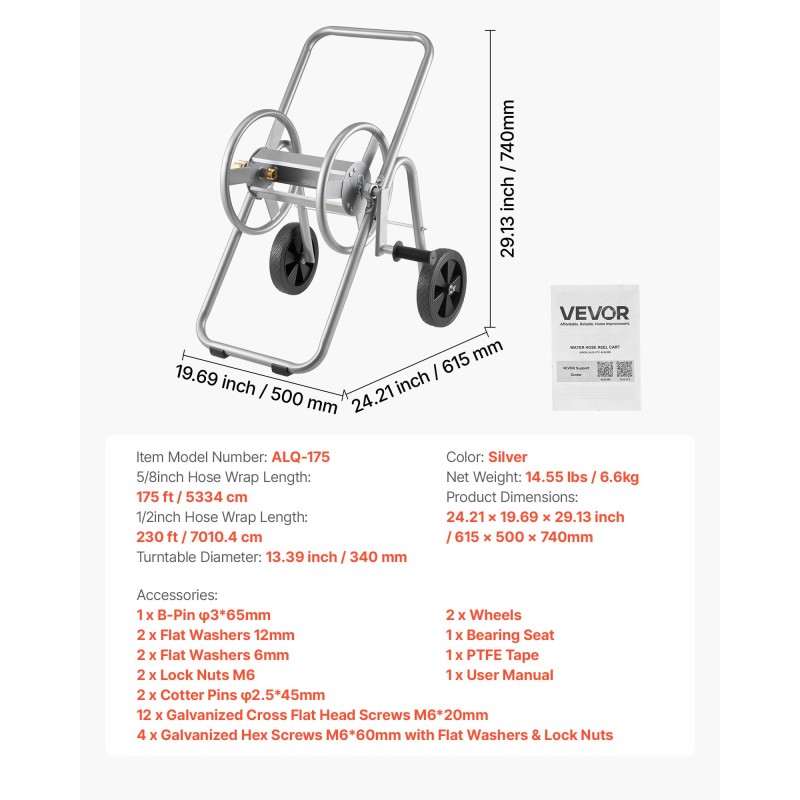 Letkukelavaunu Q235A-teräsrunko 5/8-tuuman letkulle 53,34 m kapasiteetti pyörillä