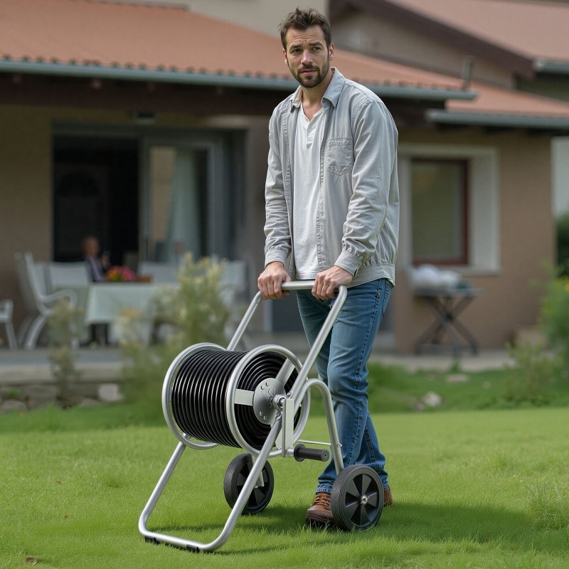 Letkukelavaunu Q235A-teräsrunko 5/8-tuuman letkulle 53,34 m kapasiteetti pyörillä