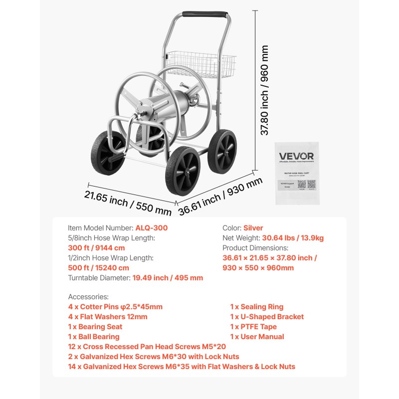 Vesiletkukärry jauhemaalattu teräs 15,9 mm 91,4 m kapasiteetti 10 tuuman pyörät