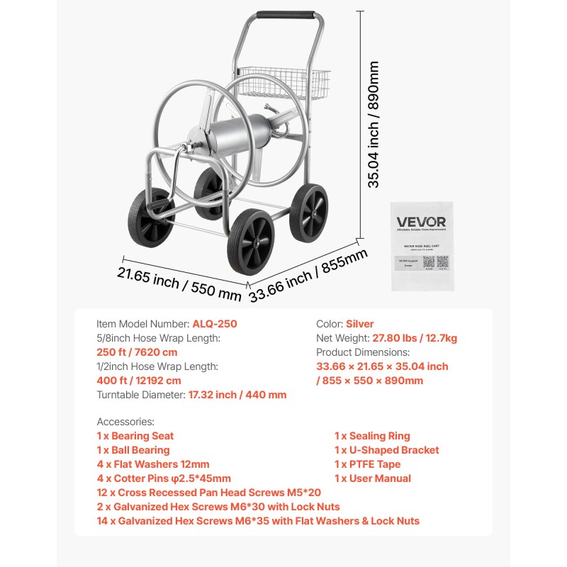 Letkukelkkavaunu jauhemaalattua terästä 15,9 mm letkulle 76 m irrotettavalla kelalla neljällä pyörällä