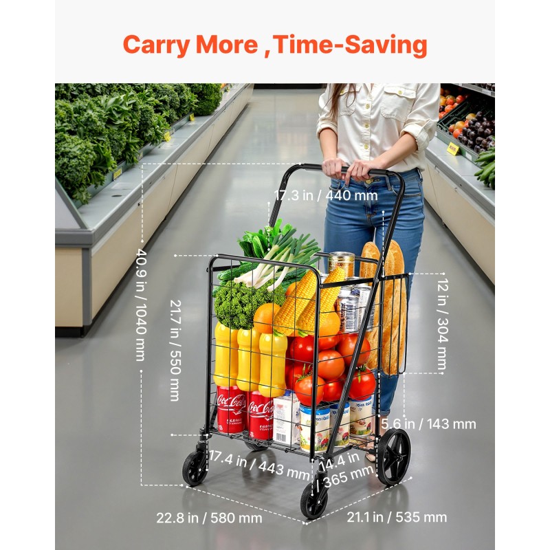 Taittuva ostoskärry rautainen runko 50 kg kantavuus kaksi koria 360 asteen etupyörät