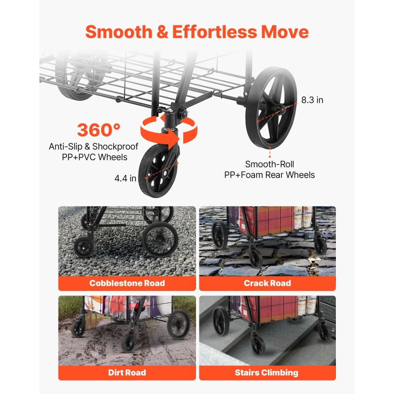 Taittuva ostoskärry rautainen runko 50 kg kantavuus kaksi koria 360 asteen etupyörät