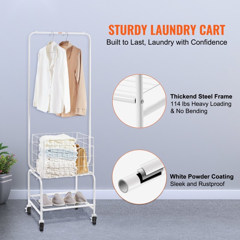 Metallinen pyörällinen pyykkikori ripustustangolla teräsrunko korkeussäätö lukittavat pyörät alahyllyllä