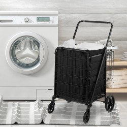 Taitettava ostoskärry 150,5 kg kantavuus kaksi koria 600D sisävuori 360° kääntyvät pyörät