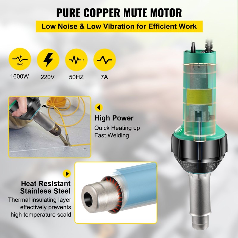 PVC muovihitsauspistooli 1600W 220V 3 m johto portaattomalla lämpötilansäädöllä mika putkinen lämmitysydin