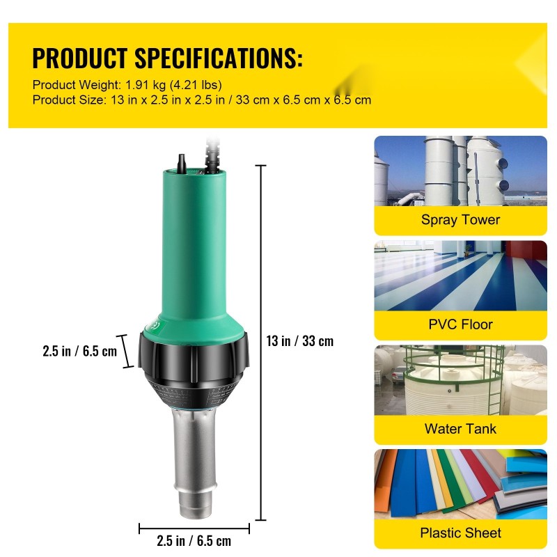 PVC muovihitsauspistooli 1600W 220V 3 m johto portaattomalla lämpötilansäädöllä mika putkinen lämmitysydin