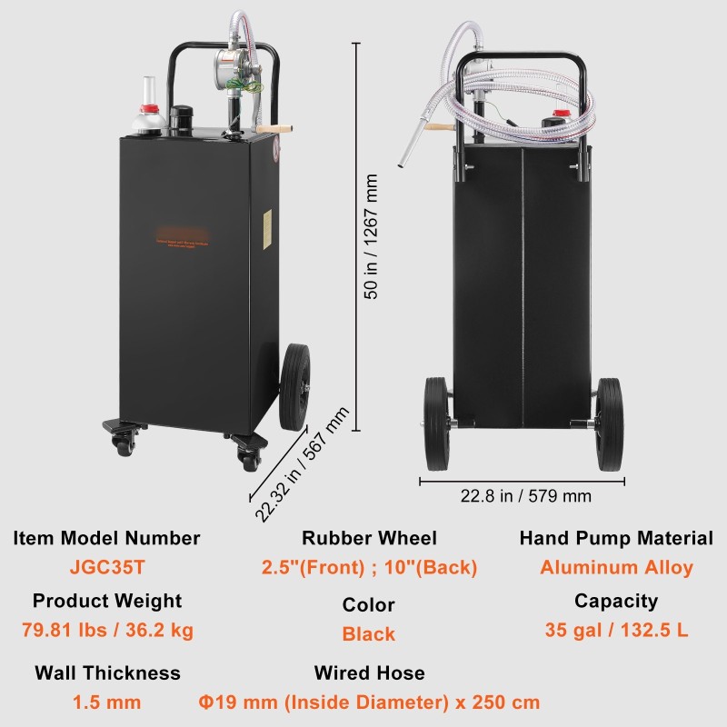 Polttoainekärry 35 gallonin hiiliteräs säiliö neljällä pyörällä käsipumpulla