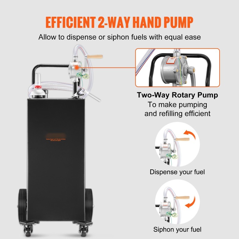 Siirrettävä hiiliteräs polttoainesäiliö 30 gallonin pyörillä ja kaksisuuntaisella pyöröpumpulla