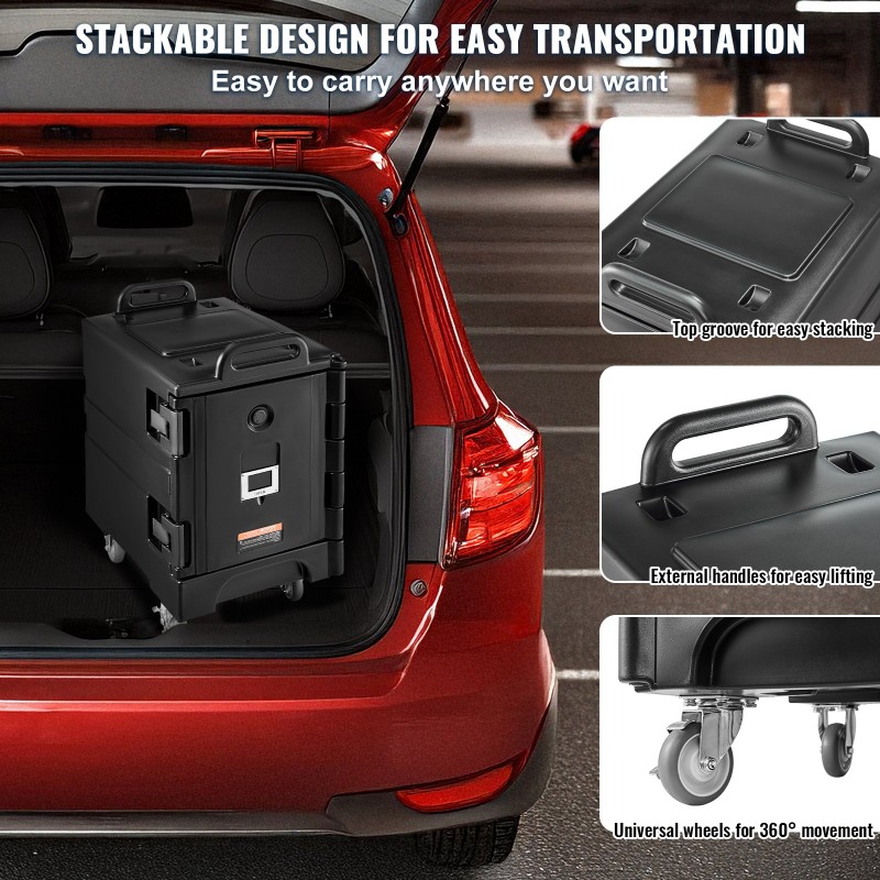 Eristetty ruokakuljetuslaatikko 75 l 50 mm eristys etupuolelta täytettävä pyörillä